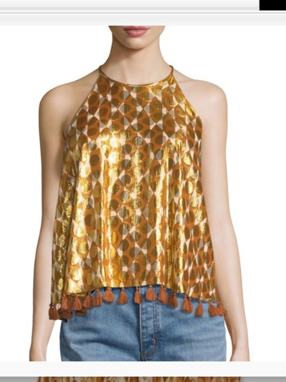 Tory Burch Gold Metallic Halter Tassel-Crop Camisole